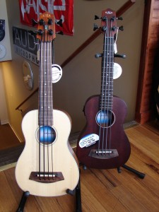 The Kala Electric U-Bass is a short scale - 20" - bass that produces the same pitches as a standard bass instrument and is tuned in traditional bass tuning. Available in fretted and fretless models. The Kala Rumbler includes a Kala piezo pickup and EQ with built-in tuner. Both portable and affordable.